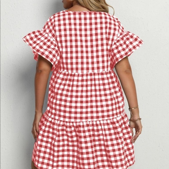 Boho plus size gingham flounce sleeve dress - Picture 3 of 12